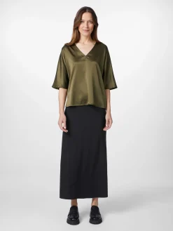 LANIUS Damenbluse Seidensatin V-Ausschnitt Oliv New