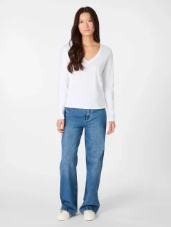 LANIUS Damen-Longsleeve V-Ausschnitt Weiß Clearance