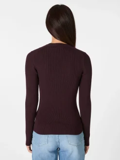 Knowledge Cotton Apparel Damen-Rippenshirt Merinowolle Weinrot Sale