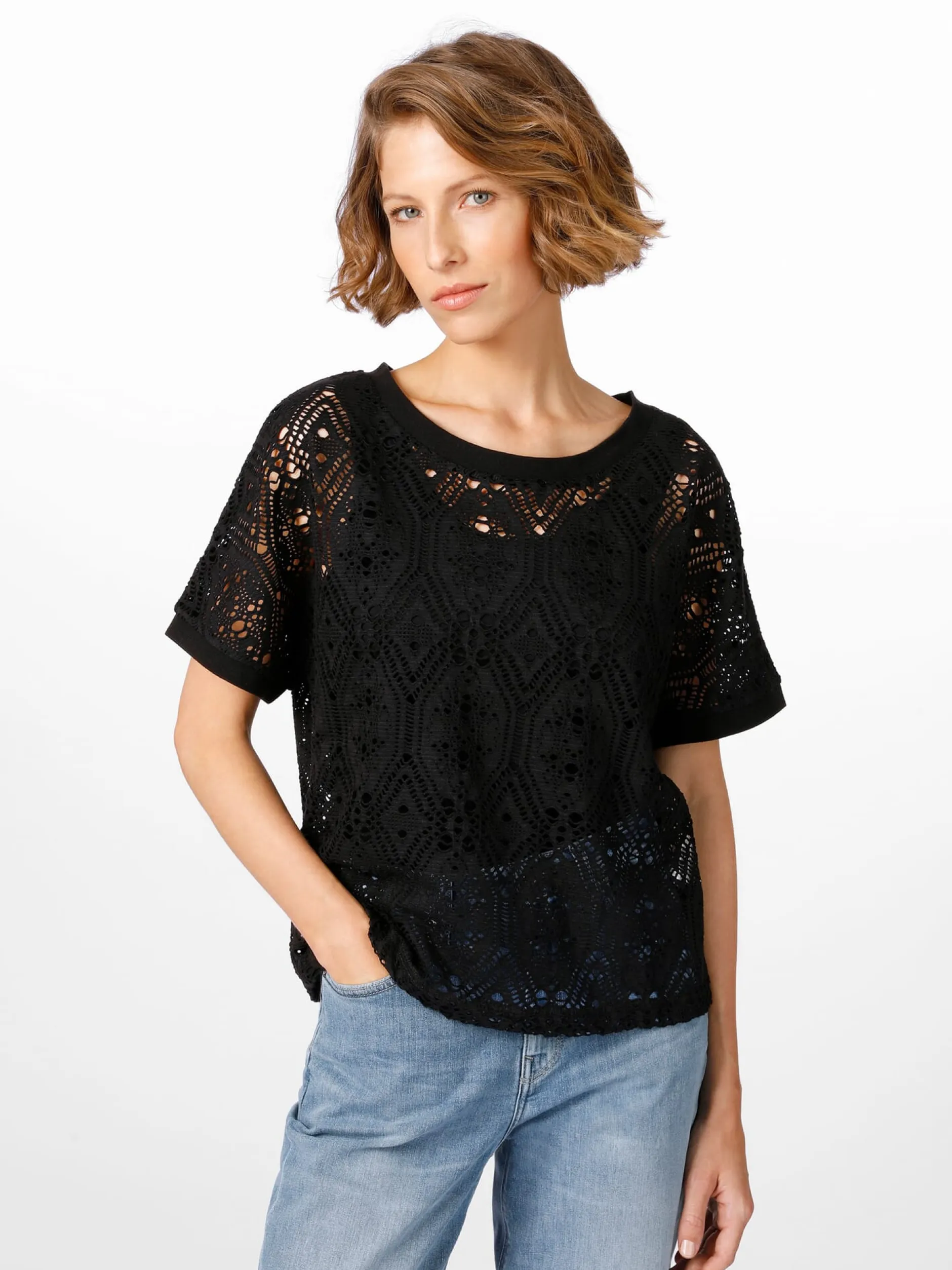 Alma & Lovis Damenshirt Lochmuster Schwarz Discount