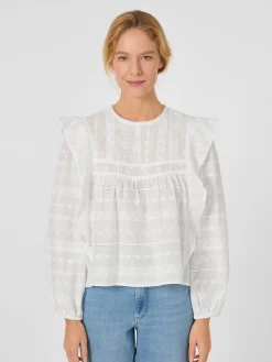 LANIUS Damen-Stickereibluse mit Volants Weiß Outlet