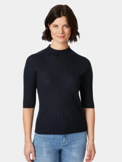 LANIUS Damen-Strickshirt Halbarm Dunkelblau New