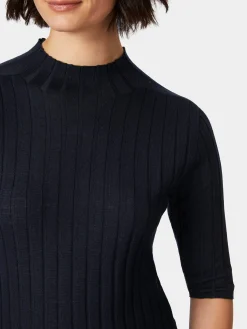 LANIUS Damen-Strickshirt Halbarm Dunkelblau New