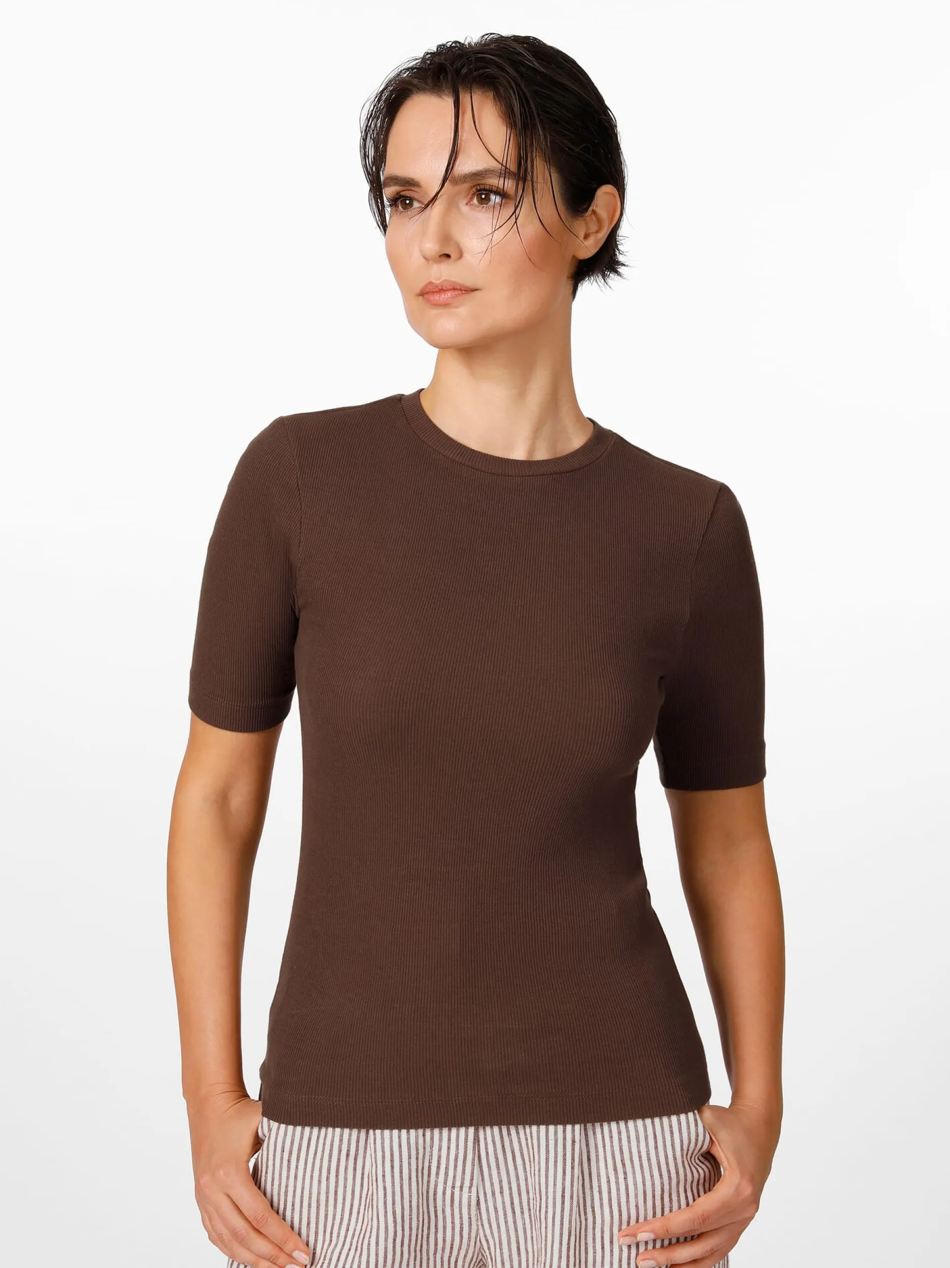 Knowledge Cotton Apparel Damen-T-Shirt gerippt Braun New