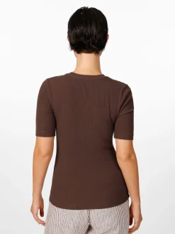 Knowledge Cotton Apparel Damen-T-Shirt gerippt Braun New