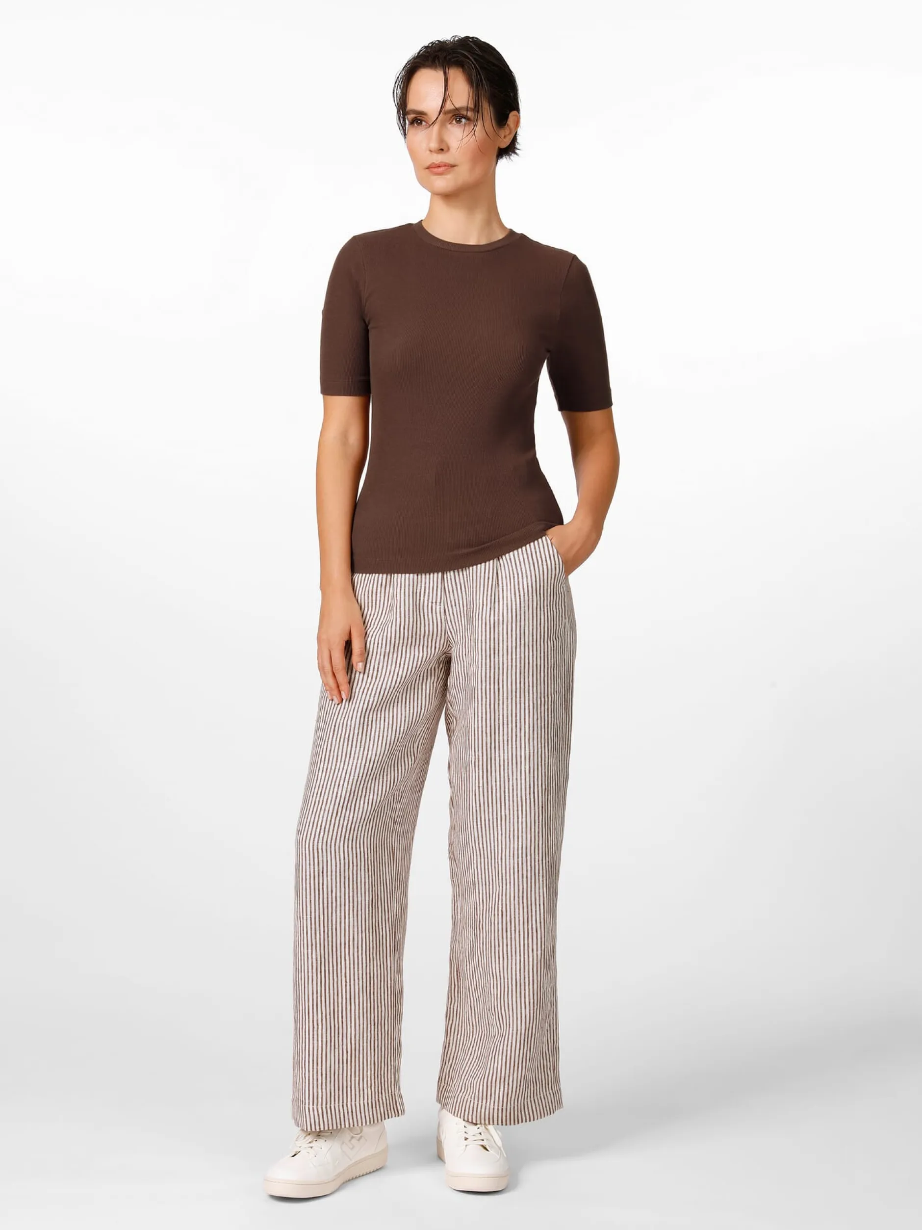 Knowledge Cotton Apparel Damen-T-Shirt gerippt Braun New