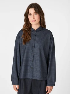 Damen-Wollbluse kariert Mittelblau Hot