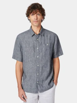 Knowledge Cotton Apparel Herrenhemd Halbarm Leinen Blaumelange Online