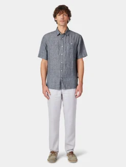 Knowledge Cotton Apparel Herrenhemd Halbarm Leinen Blaumelange Online