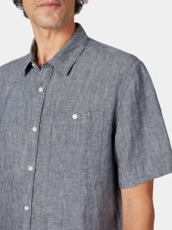 Knowledge Cotton Apparel Herrenhemd Halbarm Leinen Blaumelange Online