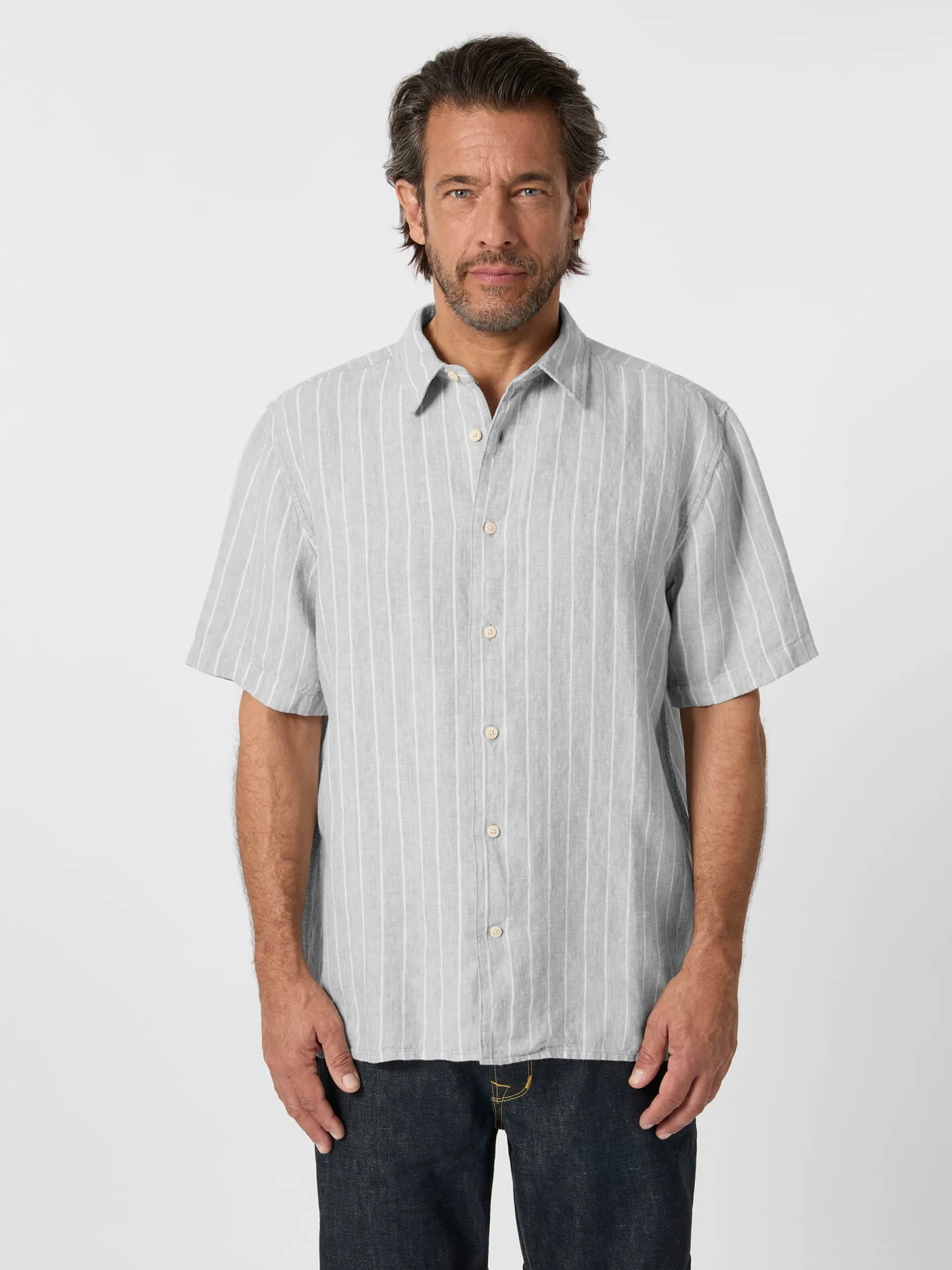 Knowledge Cotton Apparel Herrenhemd Leinen gestreift Grau Clearance