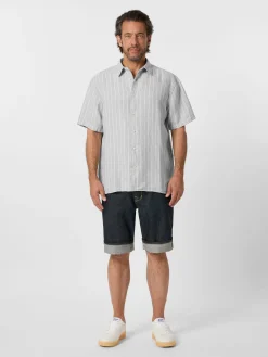 Knowledge Cotton Apparel Herrenhemd Leinen gestreift Grau Clearance