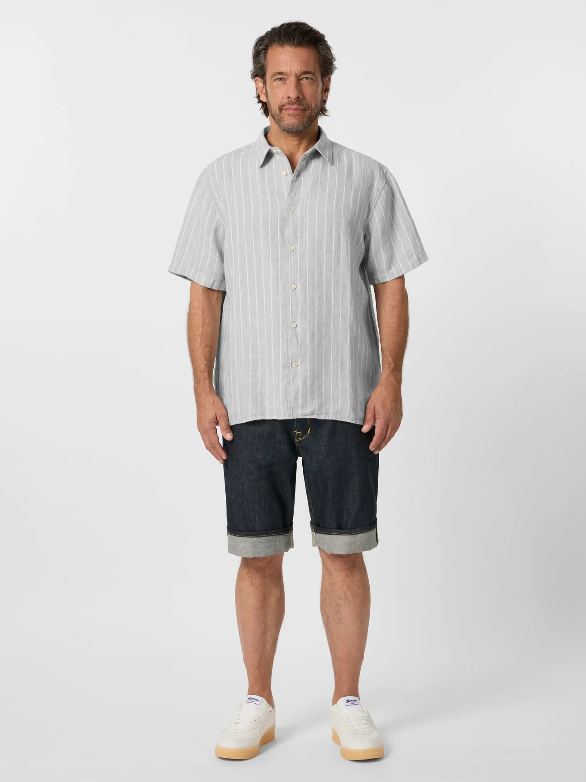 Knowledge Cotton Apparel Herrenhemd Leinen gestreift Grau Clearance