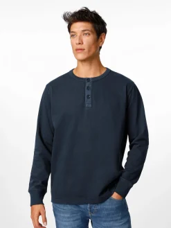 Knowledge Cotton Apparel Herren-Henley-Shirt Dunkelblau Sale