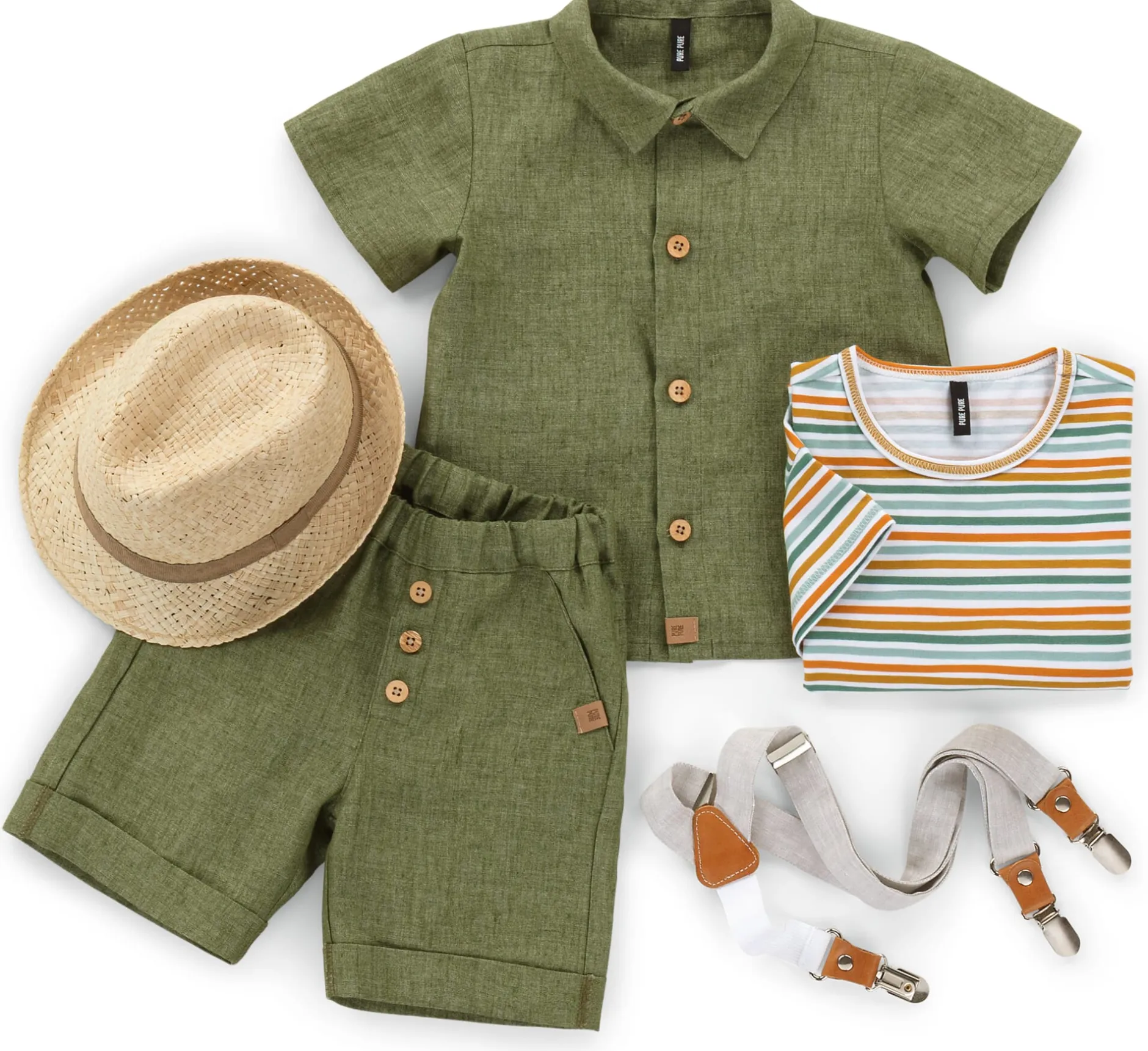 Pure Pure Kinder-Hemd Kurzarm Leinen Oliv Sale