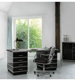 Müller Möbelfabrikation Schreibtisch Stahlblech Chromleiste Schwarz Hot