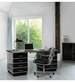 Müller Möbelfabrikation Schreibtisch Stahlblech Chromleiste Schwarz Hot